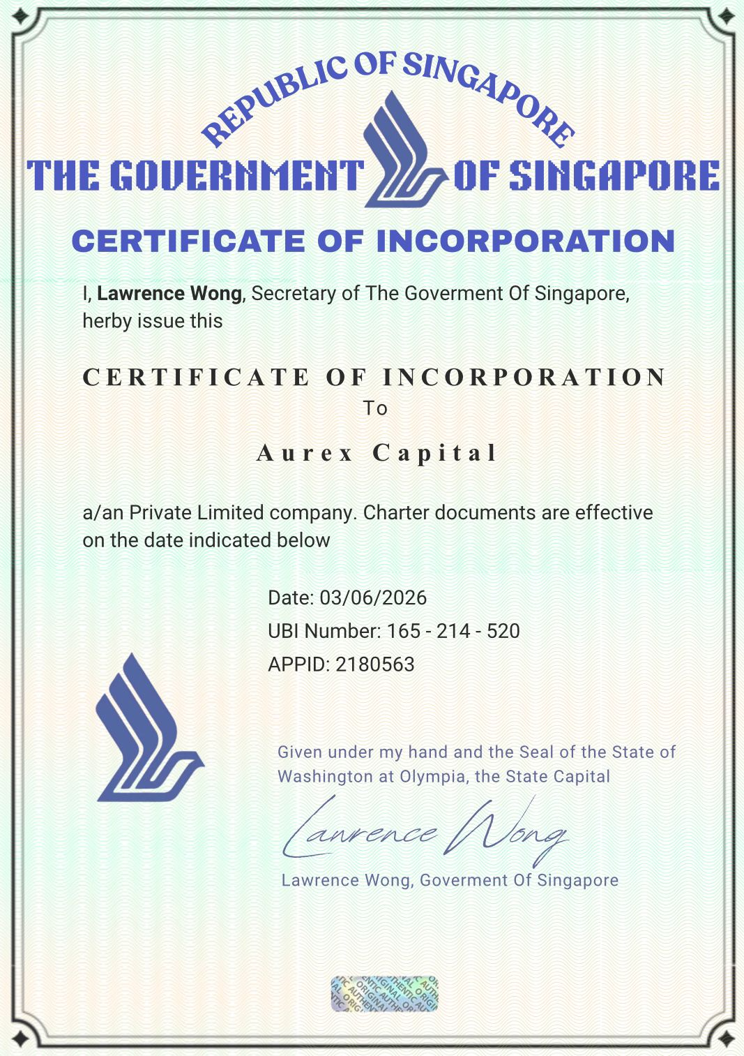 Aurex Capital Certificate of Incorporation