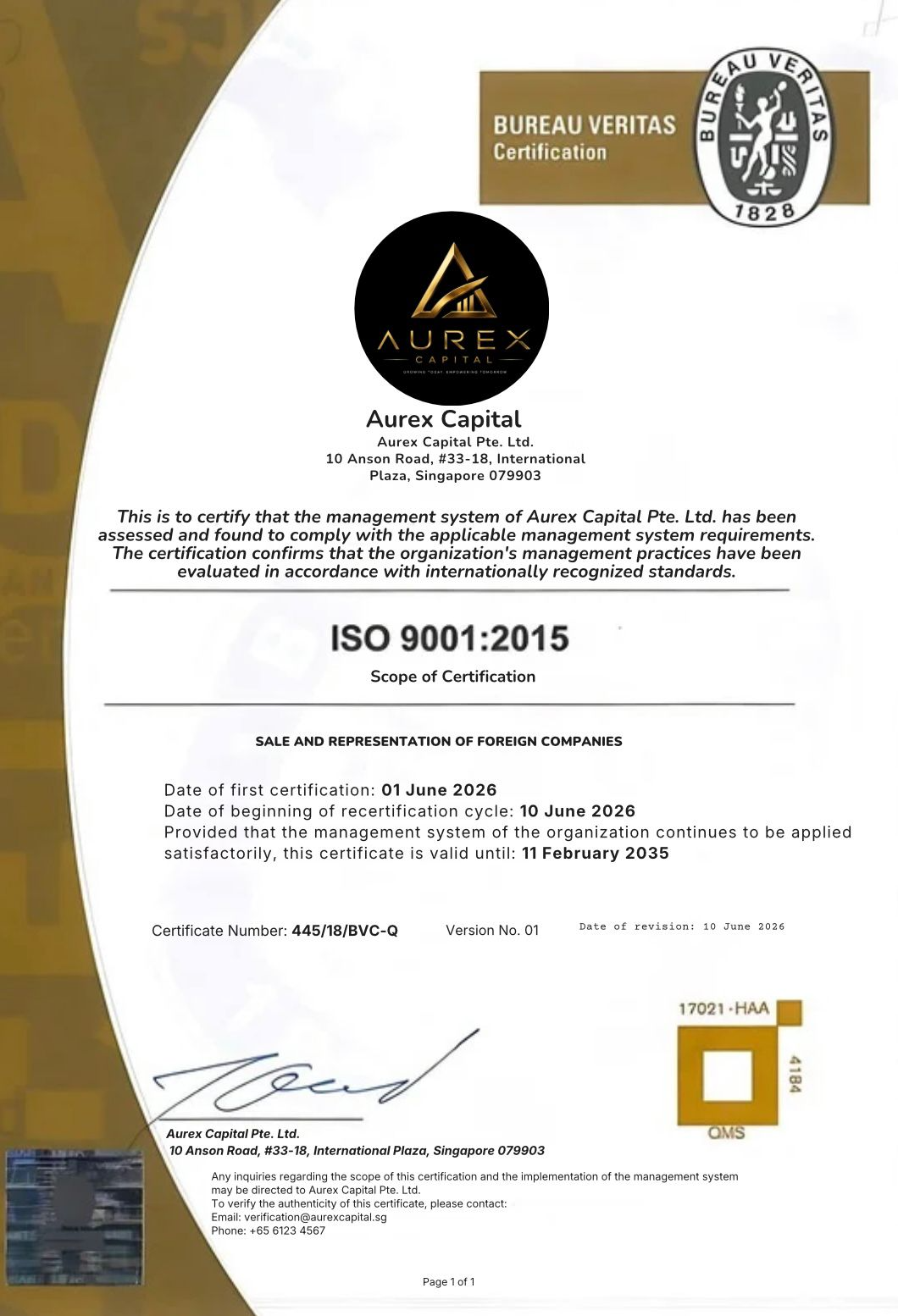 Aurex Capital ISO 9001:2015 certificate